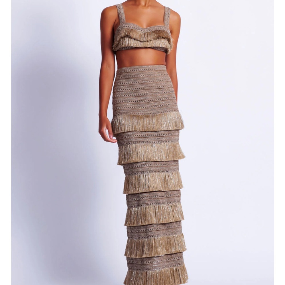 PatBO metallic tiered fringe maxi skirt & bra top